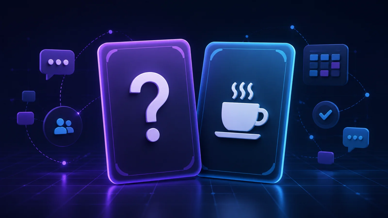 Duas cartas especiais de Planning Poker, uma com interrogação e outra com uma xícara de café, sobre fundo escuro