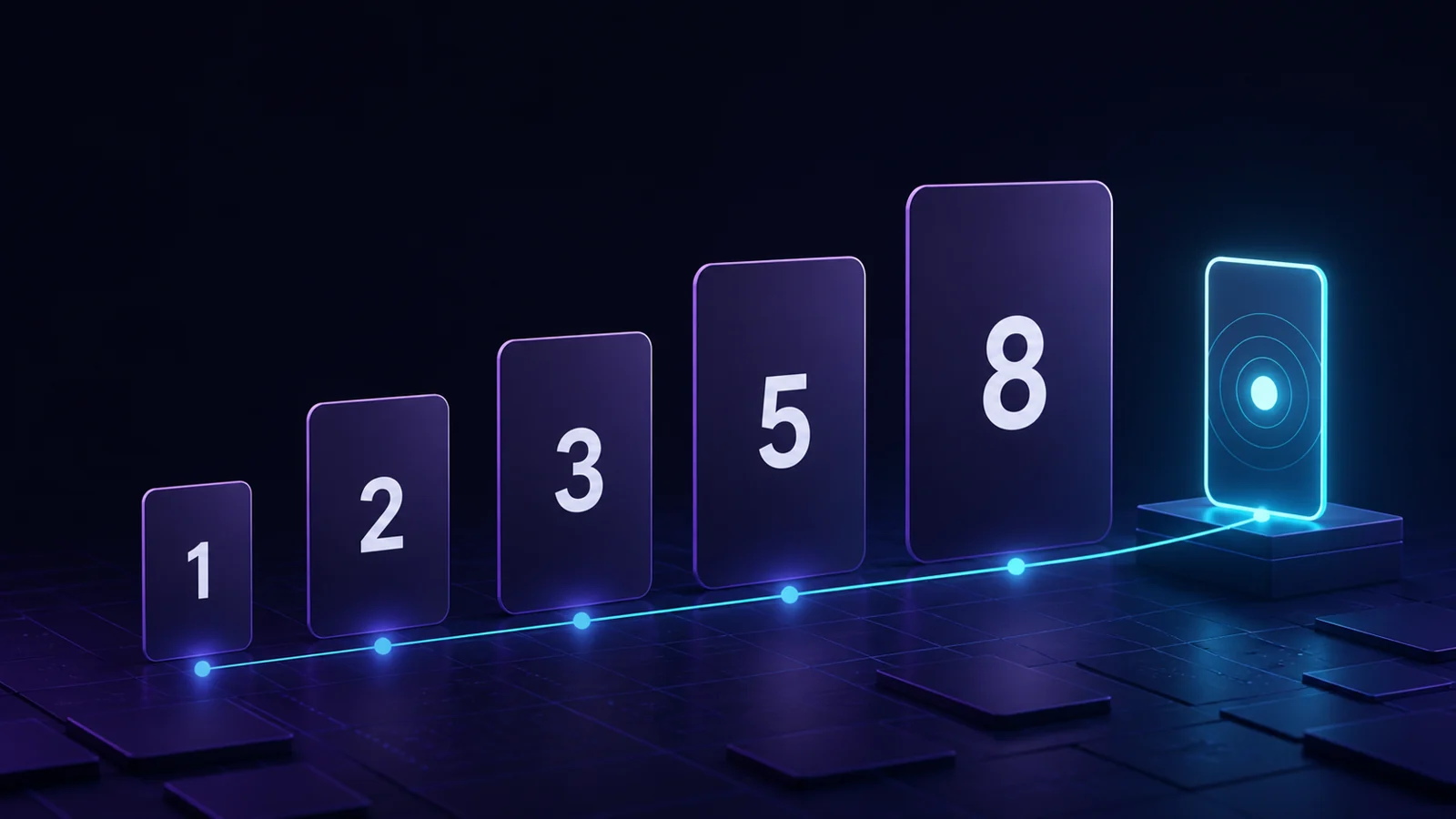 Cartas 1, 2, 3, 5 e 8 organizadas por tamanho ao lado de uma carta de referência