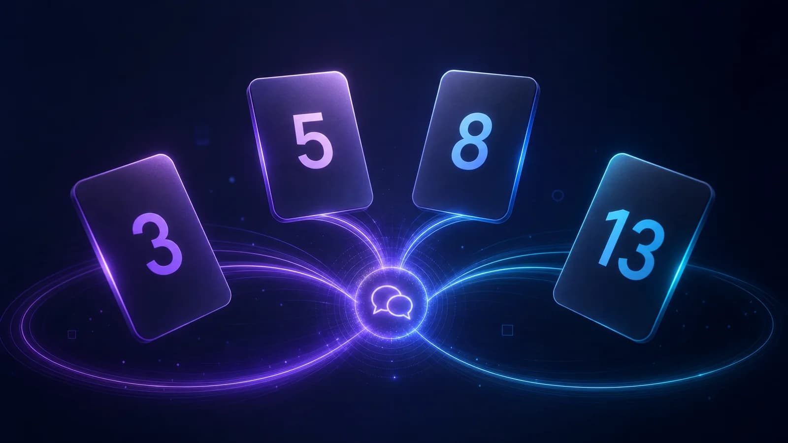 Cartas 3, 5, 8 e 13 convergindo para um símbolo de conversa