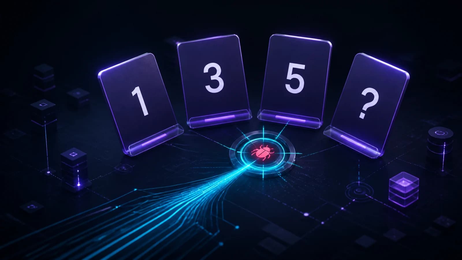 Cartas de estimativa 1, 3, 5 e interrogação ao redor de um defeito de software destacado por uma análise tecnológica