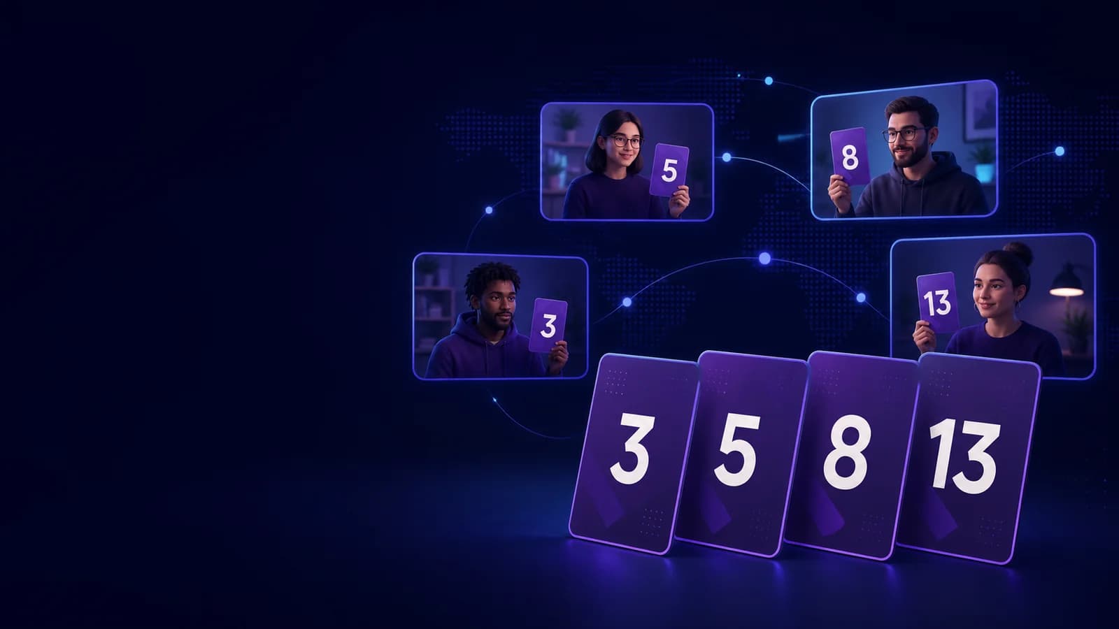Quatro profissionais remotos conectados, cada um com uma carta de estimativa, e cartas 3, 5, 8 e 13 em primeiro plano