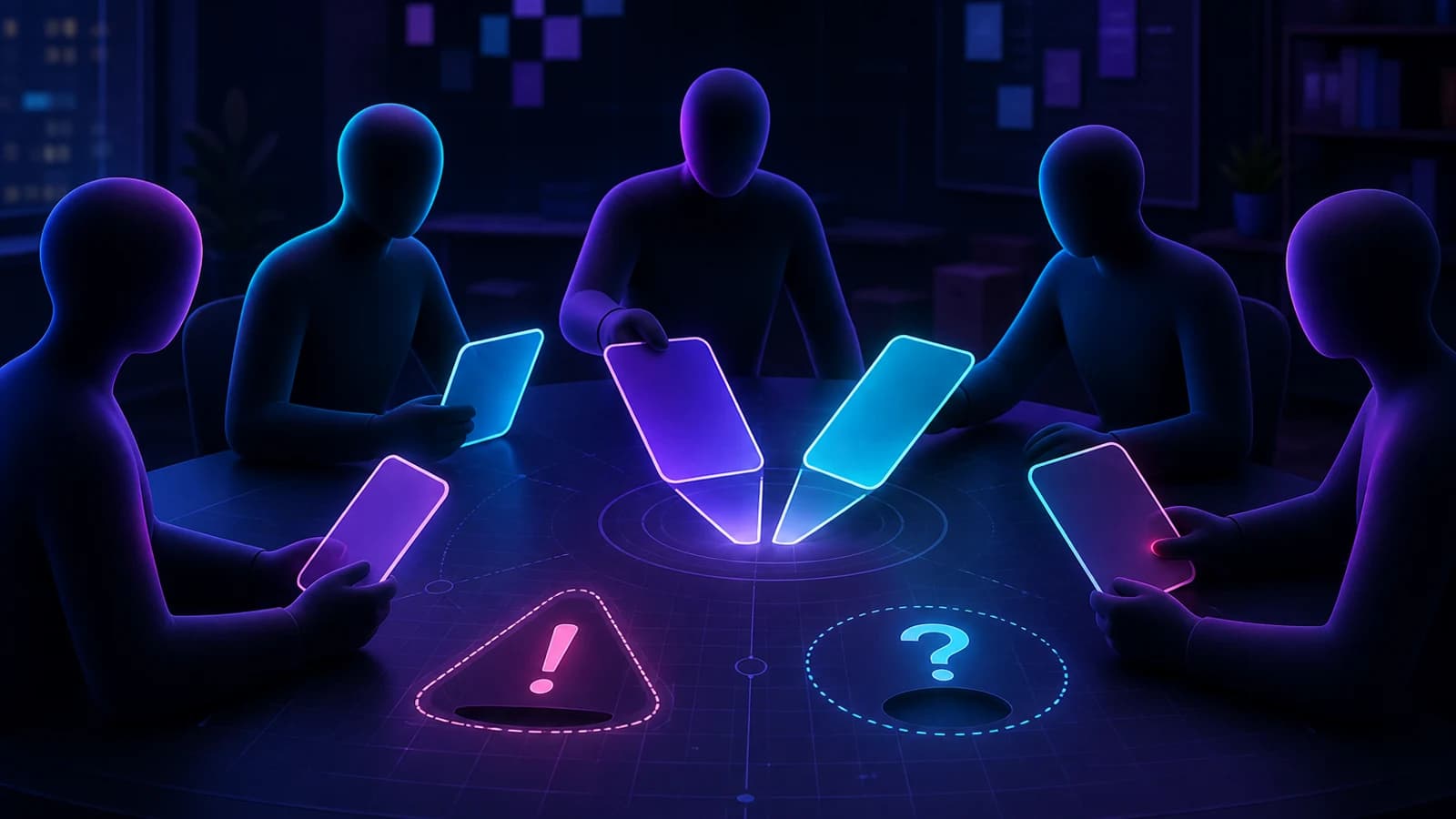 Equipe analisa cartas de estimativa ao redor de uma mesa tecnológica com sinais de convergência, alerta e dúvida